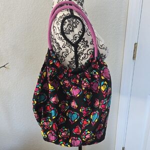 Stylish Black Floral Heart Tote Bag with Purple Handles